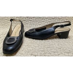 Salvatore Ferragamo Slingbacks Womens 8.5C Navy Blue Metallic Gancini Hardware